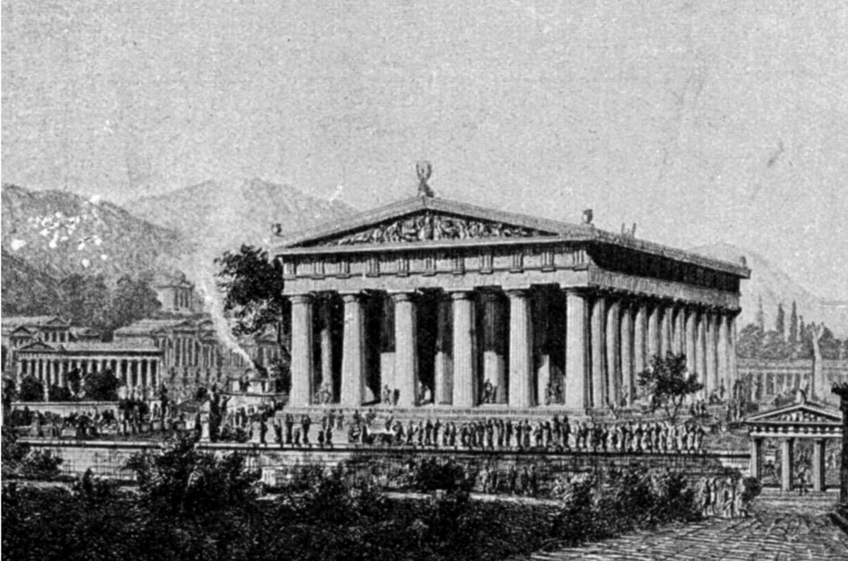 Restored view of the Temple of Zeus at Olympia, Greece. Source: Wilhelm Lübke, Max Semrau: Grundriß der Kunstgeschichte. Paul Neff Verlag, Esslingen, 14th edition 1908.